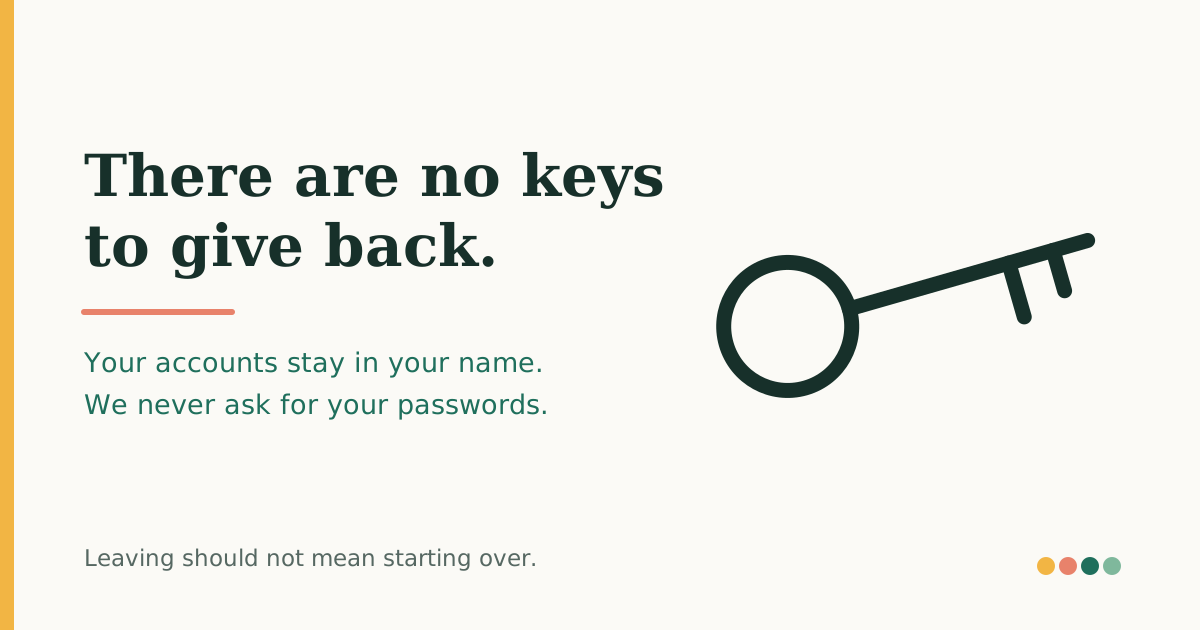 A line drawing of a key beside the words: There are no keys to give back. Your accounts stay in your name. We never ask for your passwords. Underneath: leaving should not mean starting over.